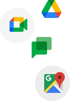 Google navigation, google drive, google meet and google chat icons.