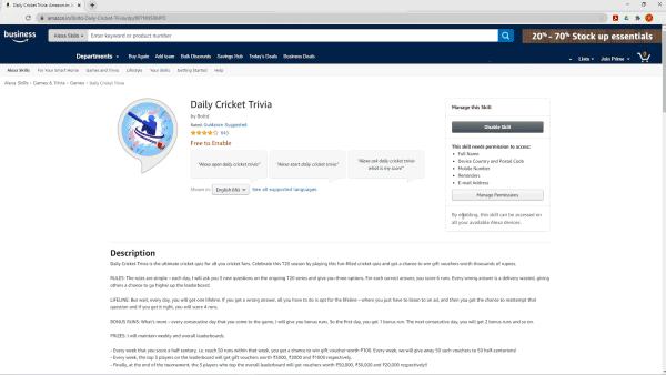 Working of our custom Alexa skill- Dialy Cricket Trivia