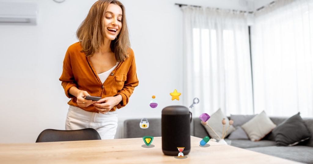 Fun and engaging Alexa family games you can play together. It shows a woman enjoying interaction with Alexa device